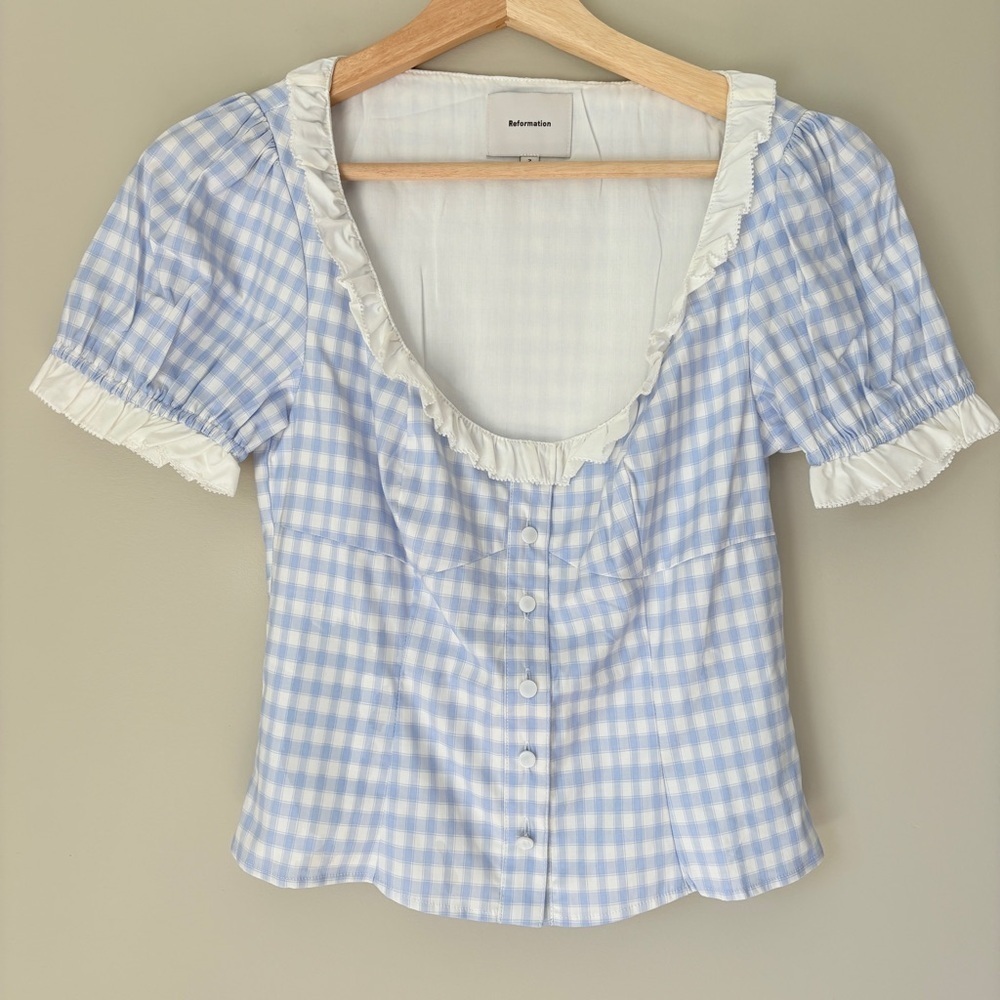 NEW Reformation Janell Two Piece Set Crystal Check Light Blue White | US 2 UK 6 - Picture 8 of 12